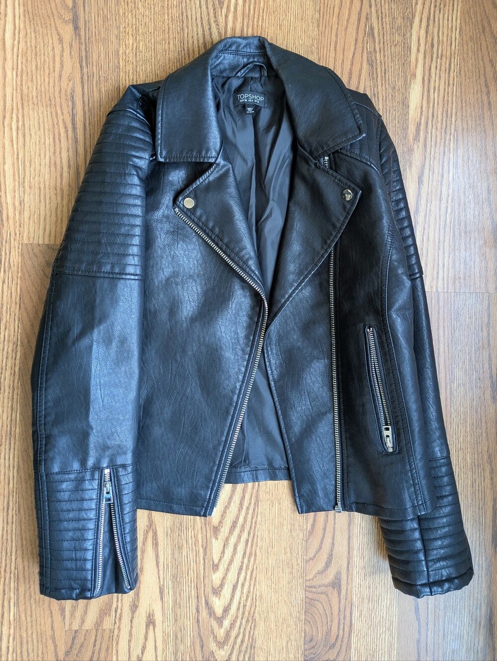 Topshop Black Faux Leather Biker Jacket with Quilted Sleeves